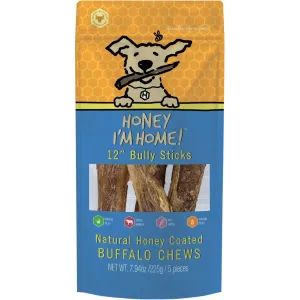 Honey I'm Home 12" Bully Sticks Natural Honey Coated Buffalo Chews Grain-Free Dog Treats 5 pk