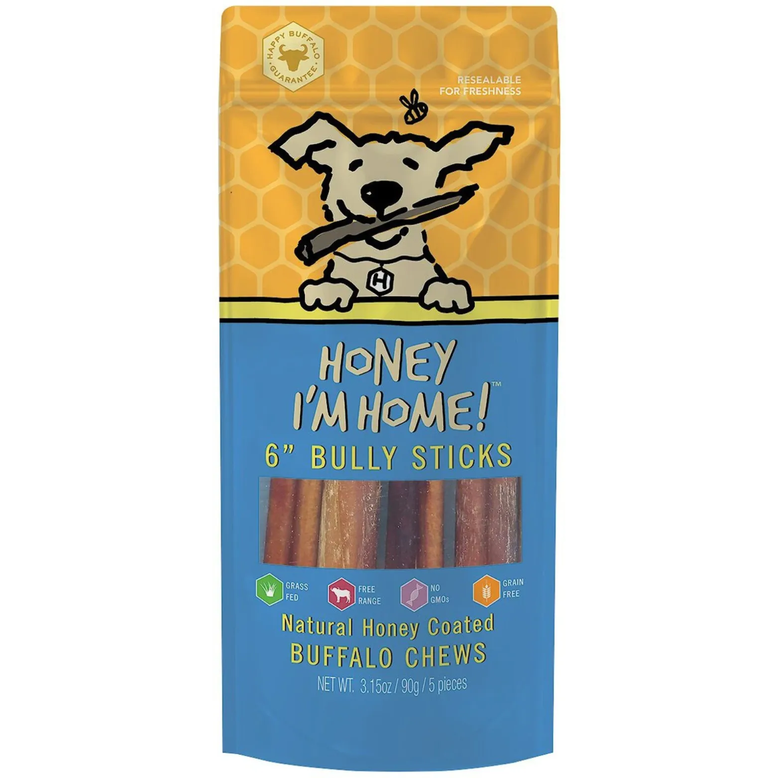 Honey I'm Home 6" Bully Sticks Natural Honey Coated Buffalo Chews Grain-Free Dog Treats 5 pk