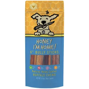 Honey I'm Home 6" Bully Sticks Natural Honey Coated Buffalo Chews Grain-Free Dog Treats 5 pk