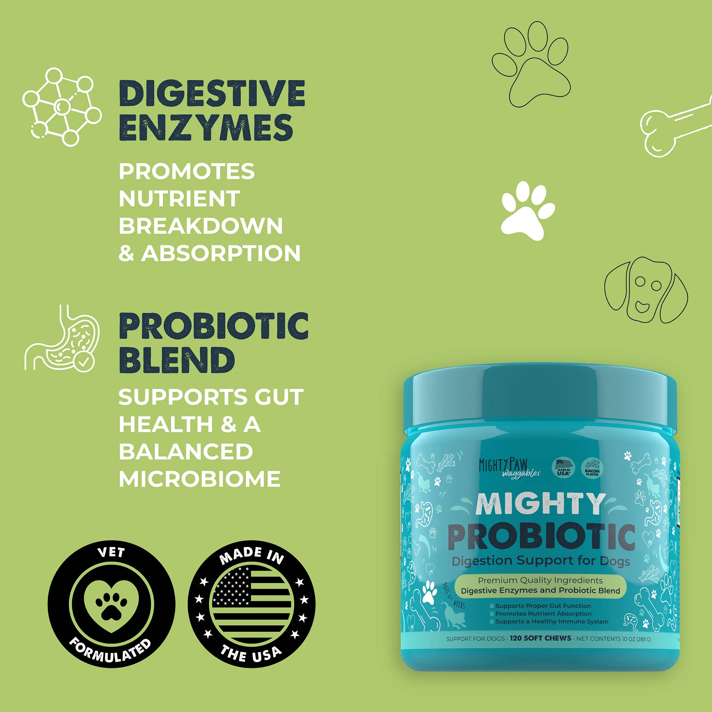 Mighty Paw Probiotic Chews for Dogs - Bacon-Flavored Digestion Support Supplement