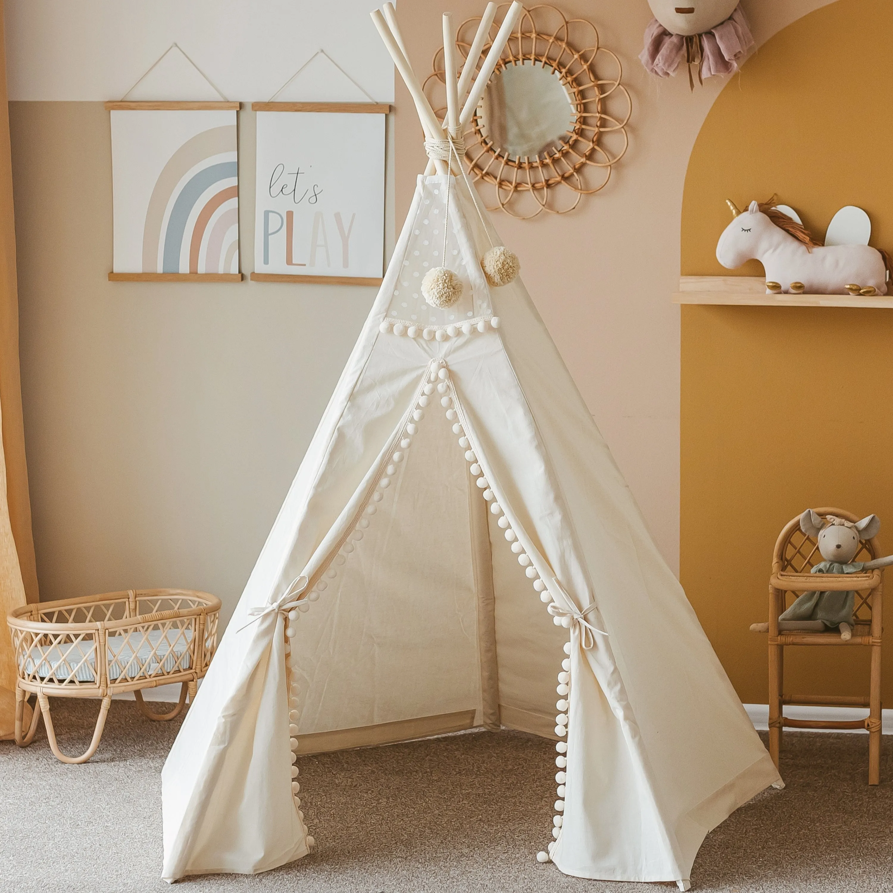 MiniCamp Teepee Play Tent With Pom Poms - Ecru